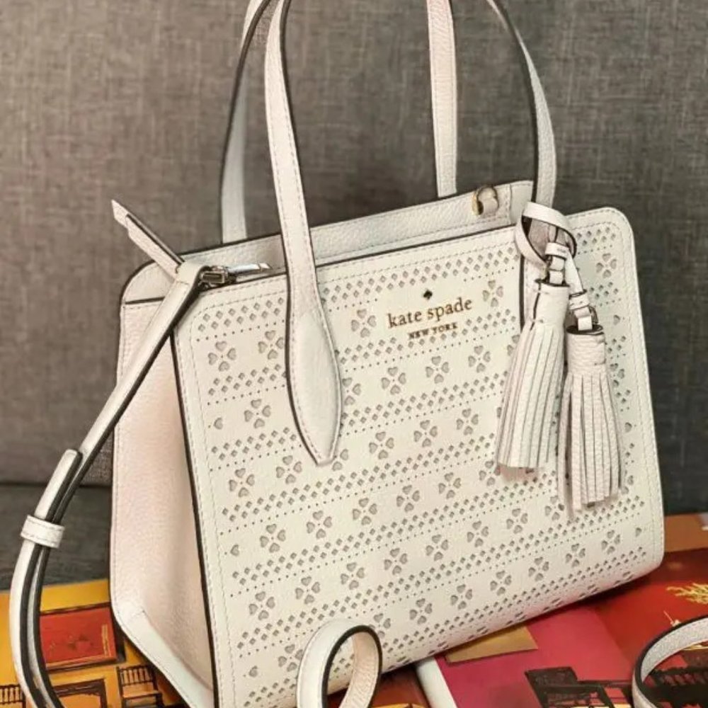 Kate Spade Rowe Perf Medium Top Zip Satchel, Color: White Dove